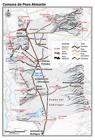 Mapa de la comuna de Pozo Almonte con fondo blanco sombreado