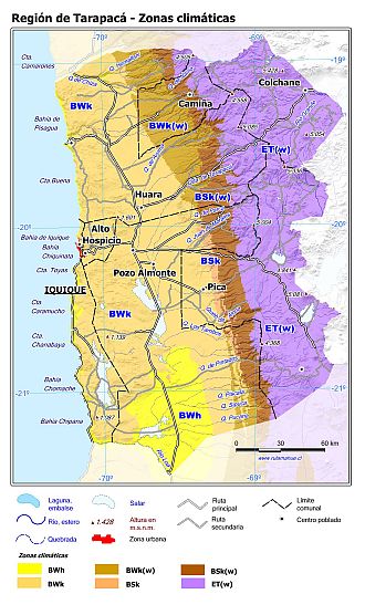 Mapa con las zonas climáticas de la Región de Tarapacá
