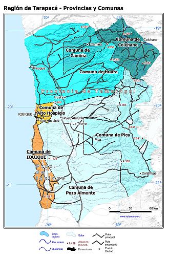 Mapa con las provincias y comunas de la Región de Tarapacá