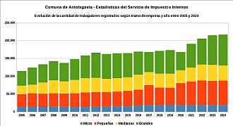 Número de trabajadores registrados por tramo de empresa y año entre 2005 y 2024