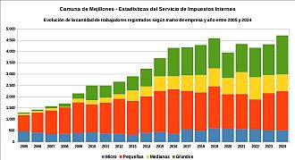 Número de trabajadores registrados por tramo de empresa y año entre 2005 y 2024