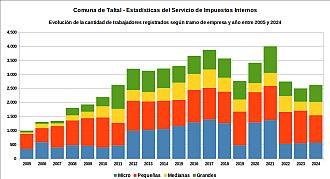 Número de trabajadores registrados por tramo de empresa y año entre 2005 y 2024