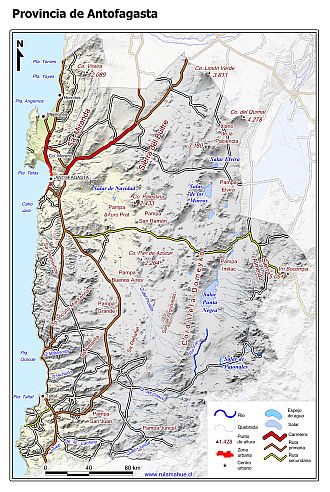 Mapa de la provincia de Antofagasta con fondo gris claro sombreado