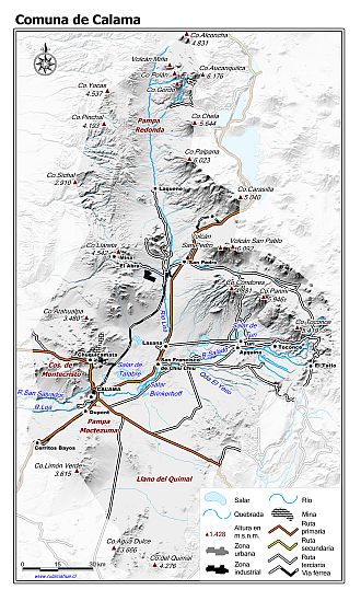 Mapa de la comuna de Calama con fondo blanco sombreado