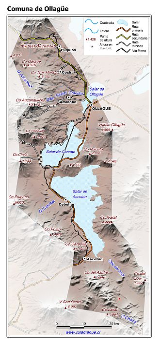 Mapa de la comuna de Ollagüe con fondo coloreado