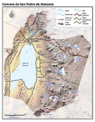 Mapa de la comuna de San Pedro de Atacama con fondo coloreado