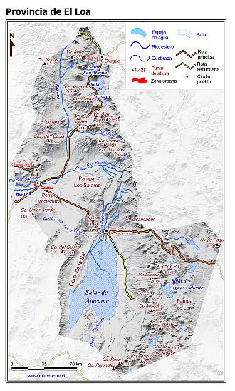 Mapa de la provincia de El Loa con fondo gris claro sombreado