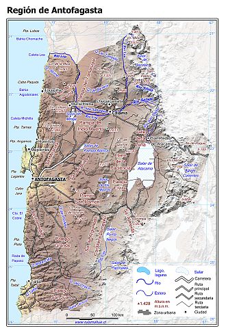 Mapa de la Región de Antofagasta con fondo coloreado