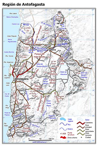 Mapa de la Región de Antofagasta con fondo blanco sombreado