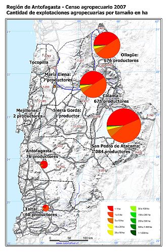 Mapa con gráficos de torta por comuna que muestran la estructura de tamaño de las parcelas de las explotaciones