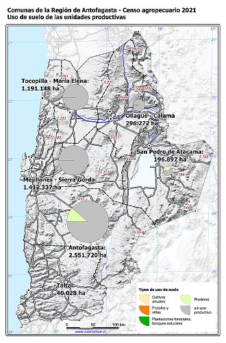 Mapa con gráficos de torta por comuna que muestran los diferentes usos de suelo de las unidades productivas