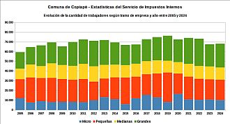 Número de trabajadores registrados por tramo de empresa y año entre 2005 y 2024