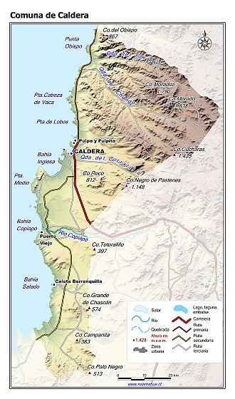 Mapa de la comuna de Caldera con fondo coloreado