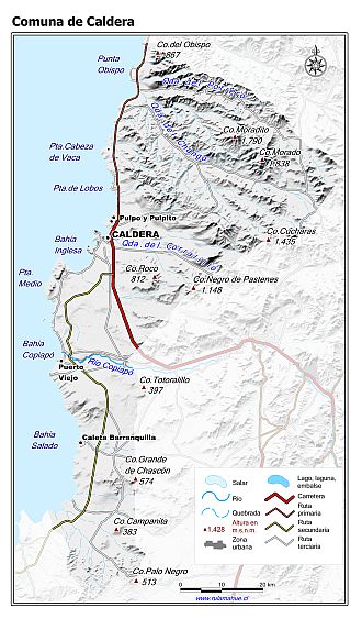 Mapa de la comuna de Caldera con fondo blanco sombreado