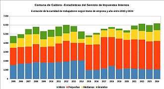 Número de trabajadores registrados por tramo de empresa y año entre 2005 y 2024