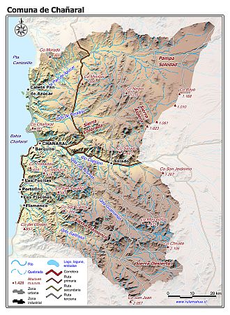 Mapa de la comuna de Chañaral con fondo coloreado