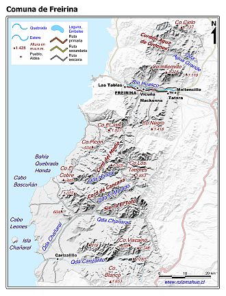 Mapa de la comuna de Freirina con fondo blanco sombreado