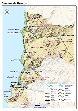 Mapa de la comuna de Huasco con fondo coloreado