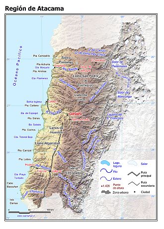 Mapa de la Región de Atacama con fondo coloreado