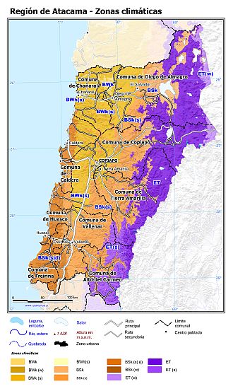 Mapa con las zonas climáticas de la Región de Atacama