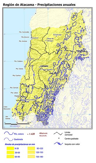 Mapa de la distribución de la precipitaciones anuales en la Región de Atacama