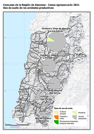 Mapa con gráficos de torta por comuna que muestran los diferentes usos de suelo de las unidades productivas