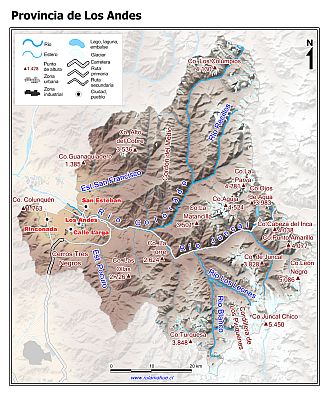 Mapa de la Provincia de Los Andes con fondo coloreado