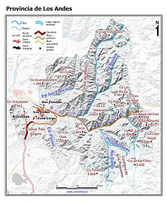 Mapa de la Provincia de Los Andes con fondo gris sombreado
