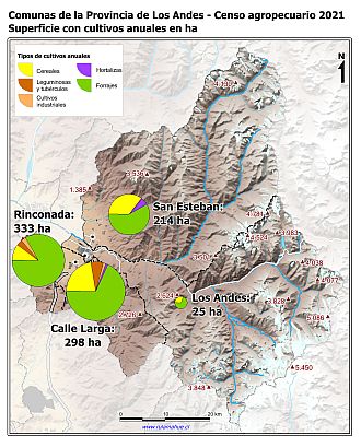 Mapa con gráficos de torta por comuna que muestran la composición de los cultivos anuales