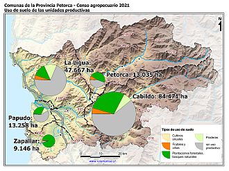 Mapa con gráficos de torta por comuna que muestran los diferentes usos de suelo de las unidades productivas