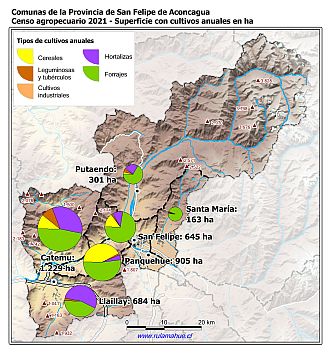 Mapa con gráficos de torta por comuna que muestran la composición de los cultivos anuales