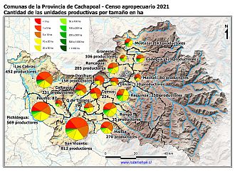 Mapa con gráficos de torta por comuna que muestran la estructura de tamaño de las parcelas de la unidades productivas