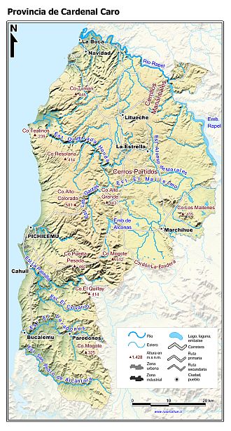 Mapa de la Provincia de Cardenal Caro con fondo coloreado