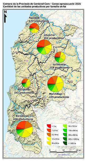 Mapa con gráficos de torta por comuna que muestran la estructura de tamaño de las parcelas de la unidades productivas