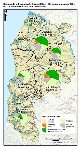 Mapa con gráficos de torta por comuna que muestran los diferentes usos de suelo de las unidades productivas