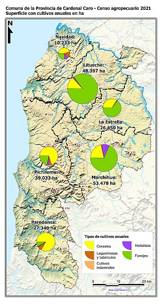 Mapa con gráficos de torta por comuna que muestran la composición de los cultivos anuales