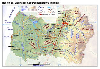Mapa de la Región de O`Higgins con fondo coloreado según nivel de altura