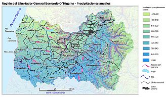 Mapa de la distribución de la precipitaciones anuales en la Región de O`Higgins