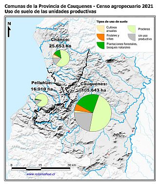 Mapa con gráficos de torta por comuna que muestran los diferentes usos de suelo de las unidades productivas