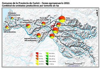 Mapa con gráficos de torta por comuna que muestran la estructura de tamaño de las parcelas de la unidades productivas