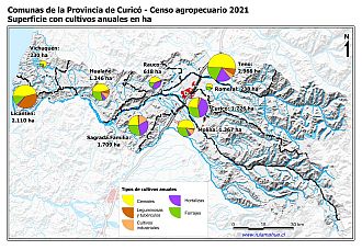 Mapa con gráficos de torta por comuna que muestran la composición de los cultivos anuales