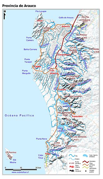 Mapa de la Provincia de Arauco con fondo gris sombreado