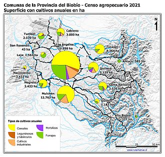 Mapa con gráficos de torta por comuna que muestran la composición de los cultivos anuales