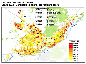 Mapa de la densidad poblacional en habitantes por ha en las manzanas urbanas