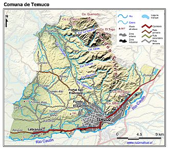 Mapa de la comuna de Temuco con fondo coloreado