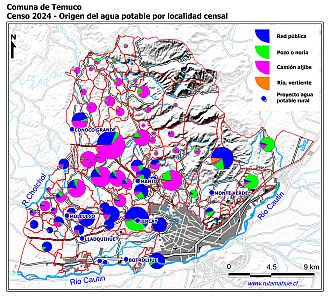 Mapa con graficos de torta sobre el origen del agua potable