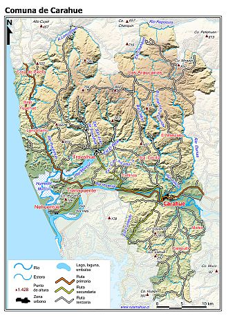 Mapa de la comuna de Carahue con fondo coloreado