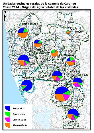 Mapa con graficos de torta sobre el origen del agua potable