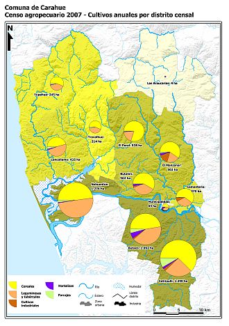 Mapa con gráficos de torta que muestran los diferentes tipos de cultivos anuales por distrito censal