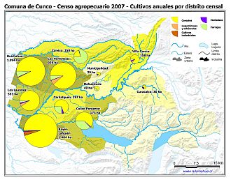 Mapa con gráficos de torta que muestran los diferentes tipos de cultivos anuales por distrito censal